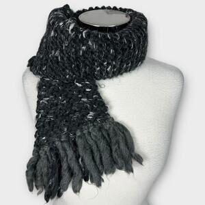 Handknit Charcoal Gray Black Winter Scarf with Fringe 6" x 38"